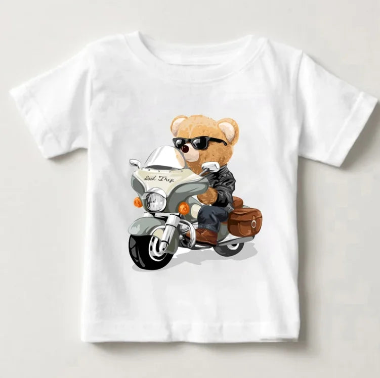 Dylon Cute Bear Riding Motorcycle Car Print Tees