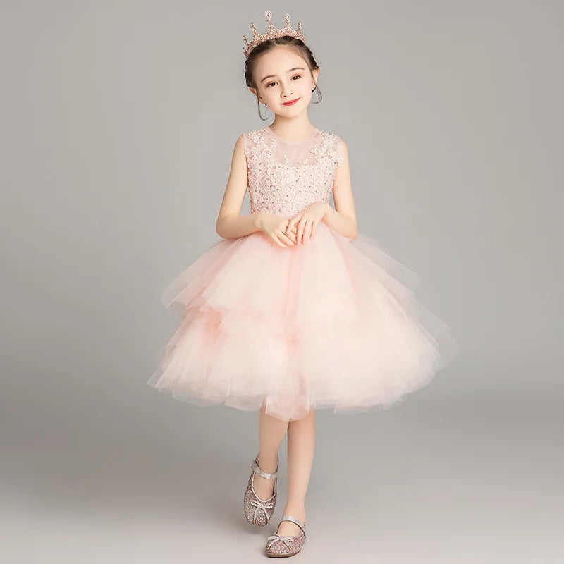 2025 Girls Catwalk Pink Flower Girl Tulle Tutu Wedding Host Dress