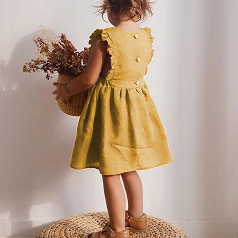 Zaida Solid Cotton Ruffle Sleeve Kids Dresses Sundress