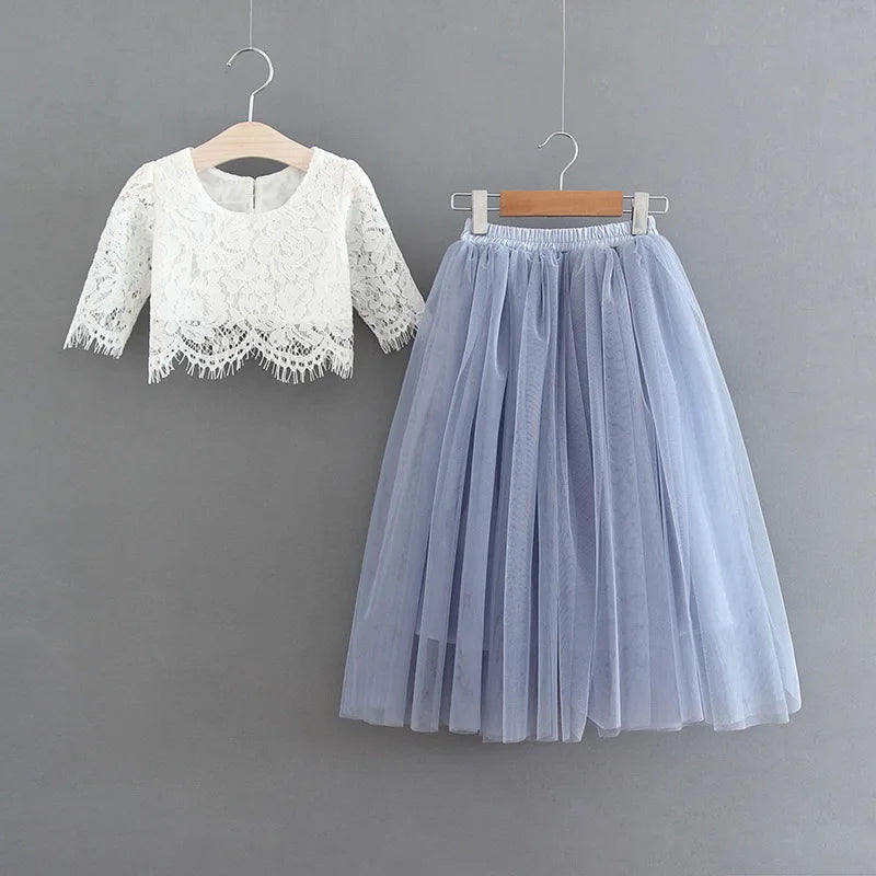 Children Set Clothing for Girls Half Sleeve Lace Top+Champagne Pink Long Skirt dress