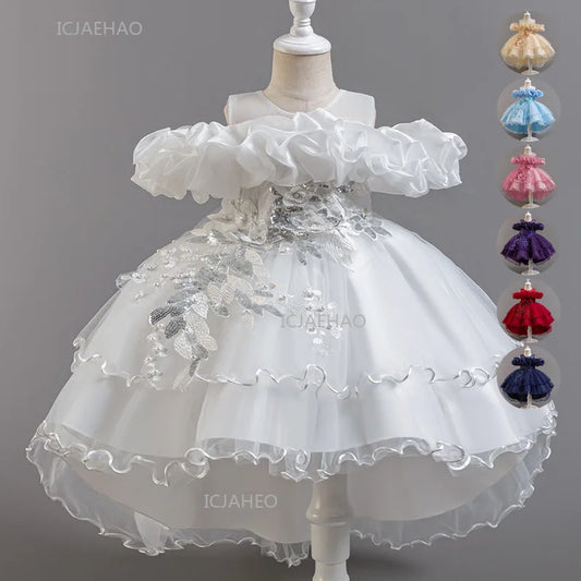 Girls Flower Girl Dress with Train Tulle Princess Gown Christmas Birthday Party Pageant Formal Dresses Kids Children Clothing