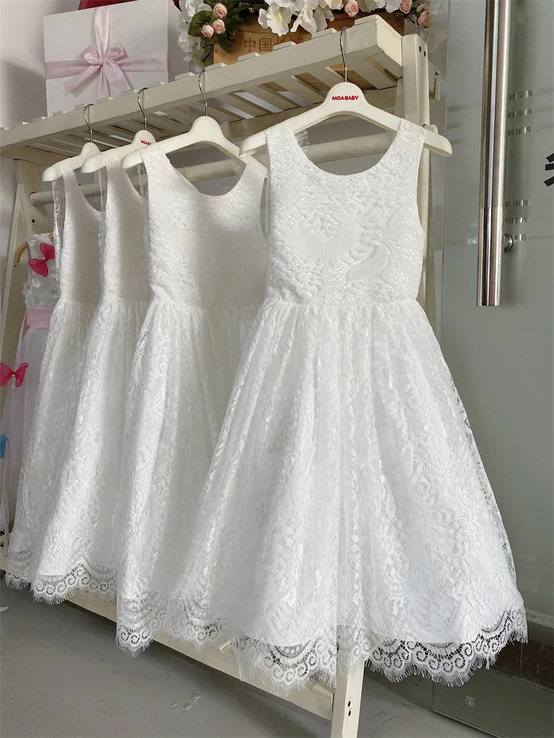 New Girl Princess Dress White Lace Long Dress Wedding Flower Open Back Dress