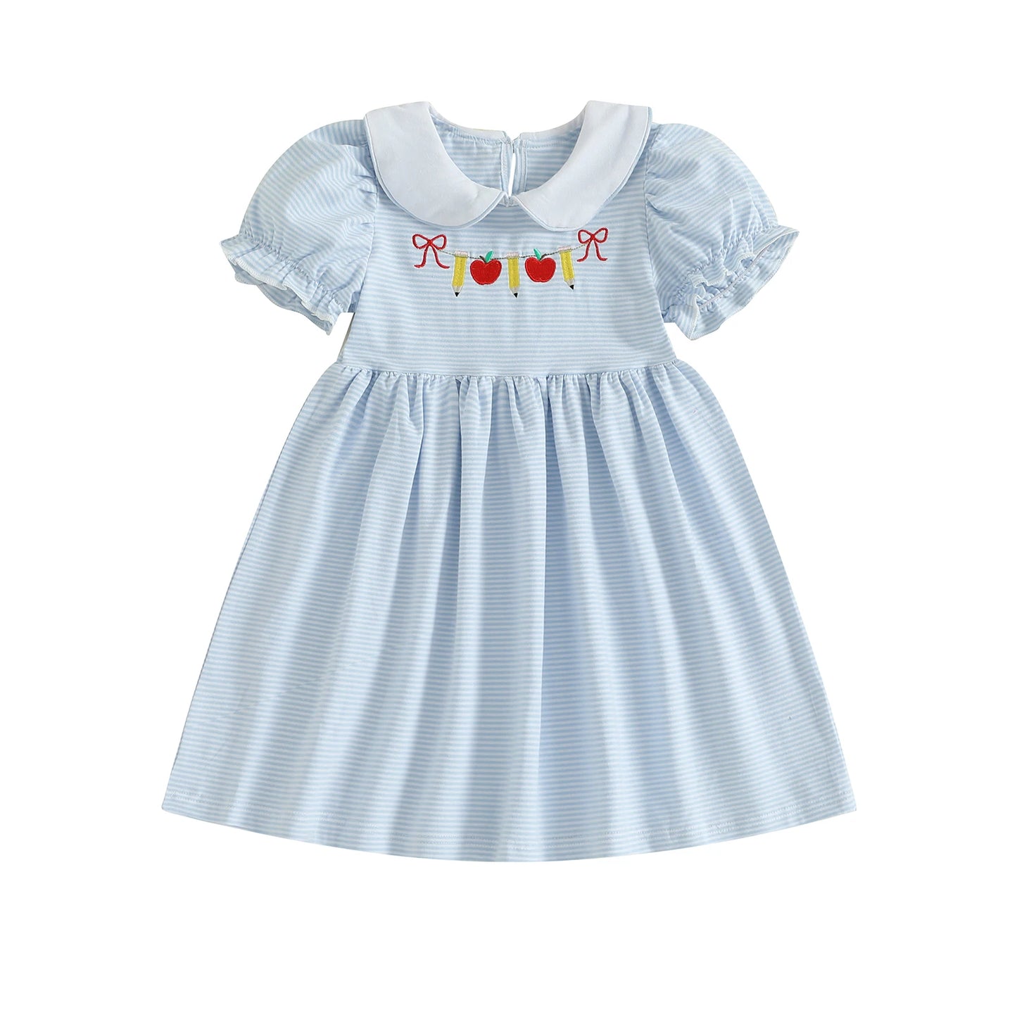 Striped Floral Print Back to School Dress with Bow Detail and Peter Pan Collar Short Sleeve A-line Dress Adorable Toddler