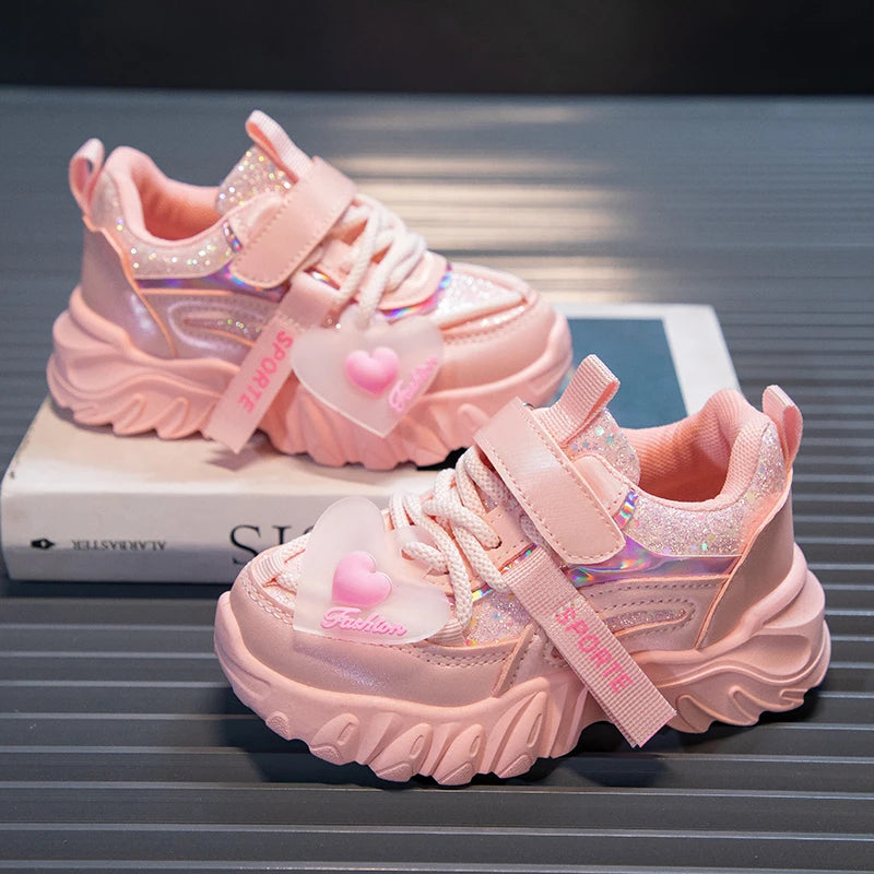 Girls Sports Shoes Kids Running Sneakers for School Fashion Cute Shiny Non-slip Children's