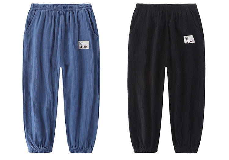 Solid Color Children Trousers Cotton Linen Elastic Waist Kids Clothing