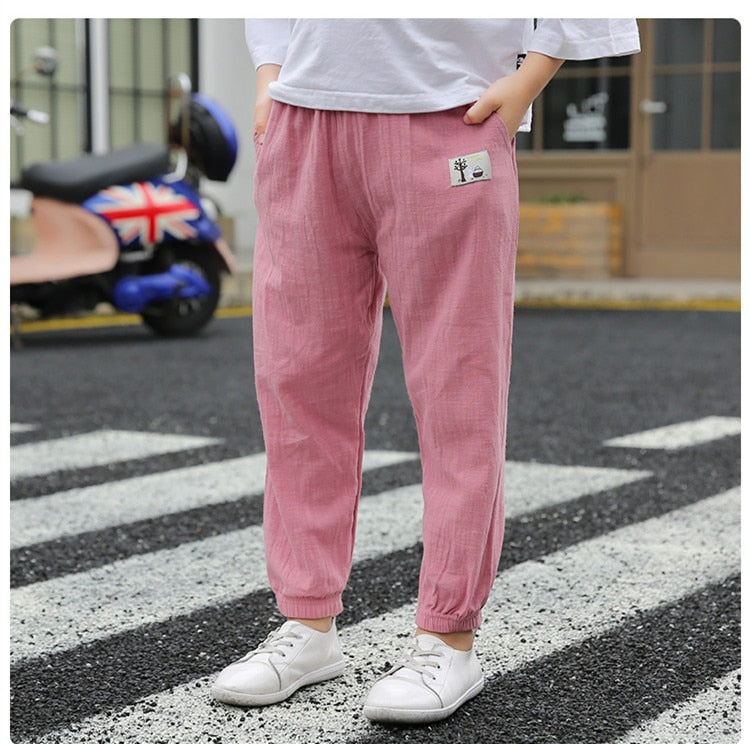 Solid Color Children Trousers Cotton Linen Elastic Waist Kids Clothing