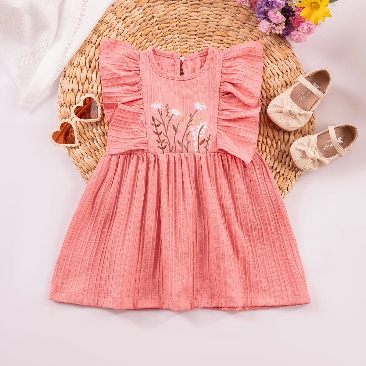 Baby Girls Floral Embroidery Dress Knee-Length with Ruffled Sleeves