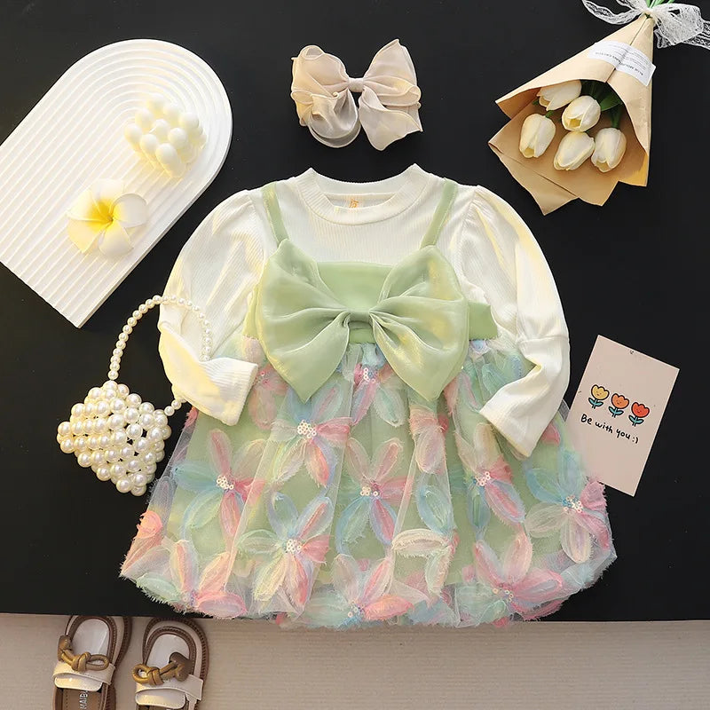Baby Girl Dress Spring And Autumn Mesh Flower Bow Girl Princess Dress