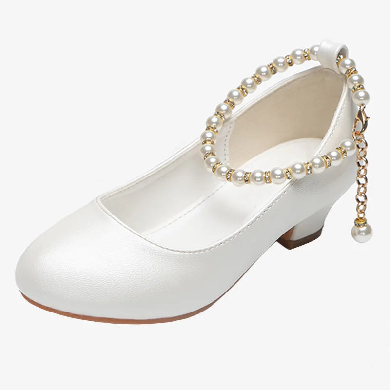 Girls' High-heeled Leather Shoes Spring Children's High-heeled Middle-aged Kid's White Wedding Host Show Princess Dress Shoes