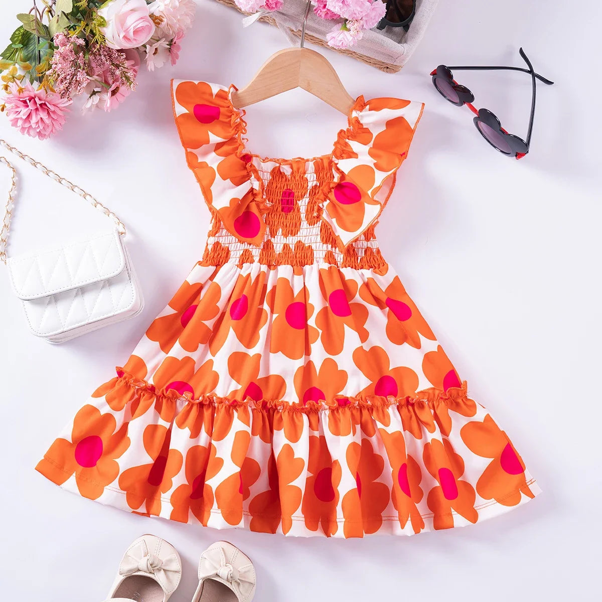 Summer Girls New Flying Sleeve Dress Floral Print Skirt