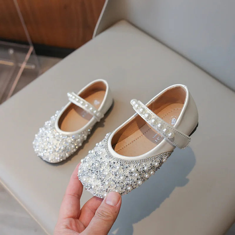 Kids Leather Shoes Spring Autumn Fashion Sequins Pearl Girls Princess Shoes