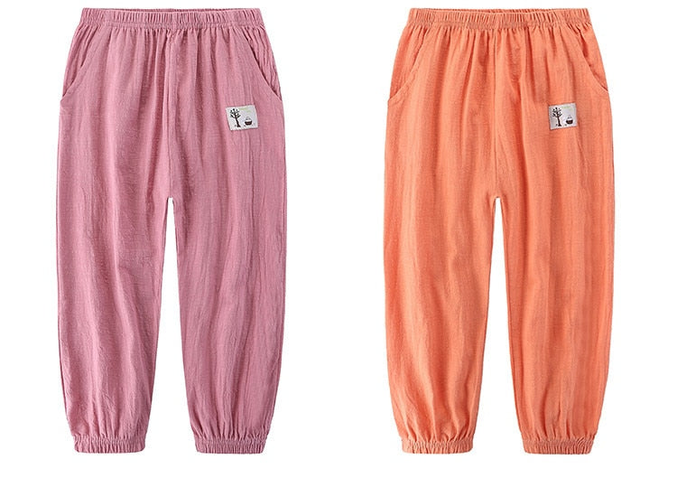 Solid Color Children Trousers Cotton Linen Elastic Waist Kids Clothing