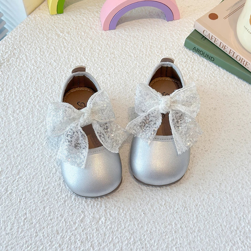 Girls Dance Performance Shoes Black Kids Princess Shoes Mesh Lace Bow 2025 New Girls Flat Shoes Round Toes Elegant Ins Trendy