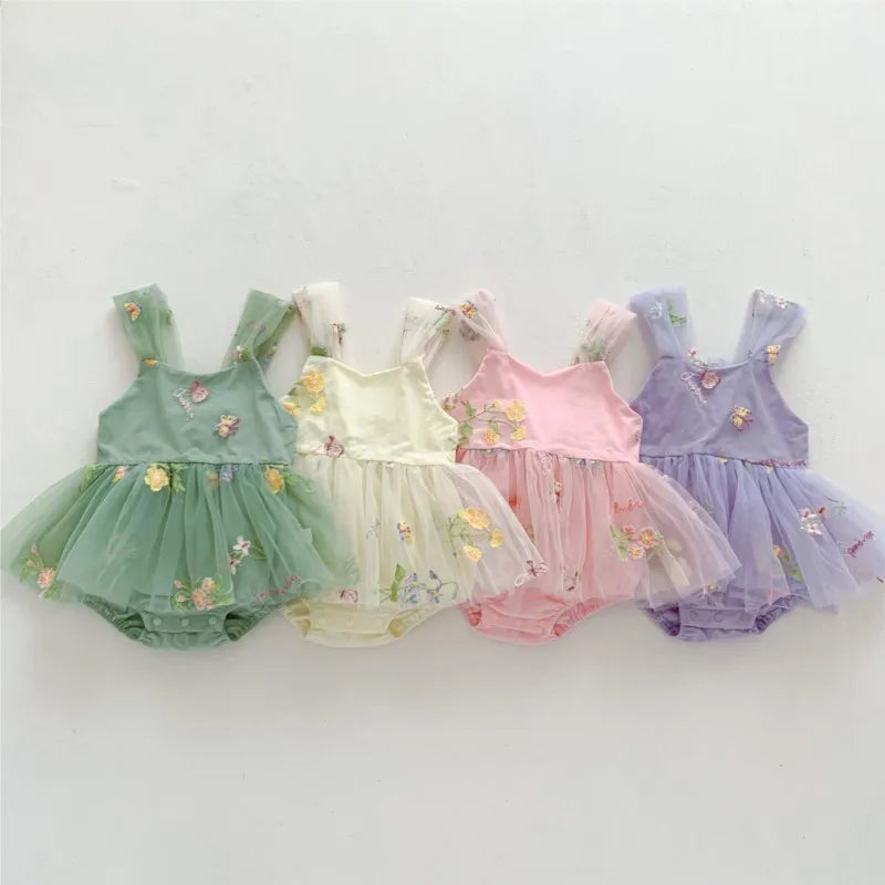 Luna Baby Girl Princess Flower Sling Romper Embroidery