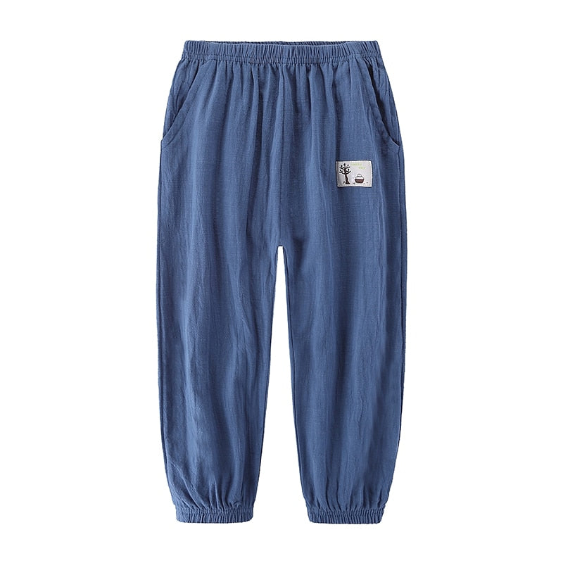 Solid Color Children Trousers Cotton Linen Elastic Waist Kids Clothing