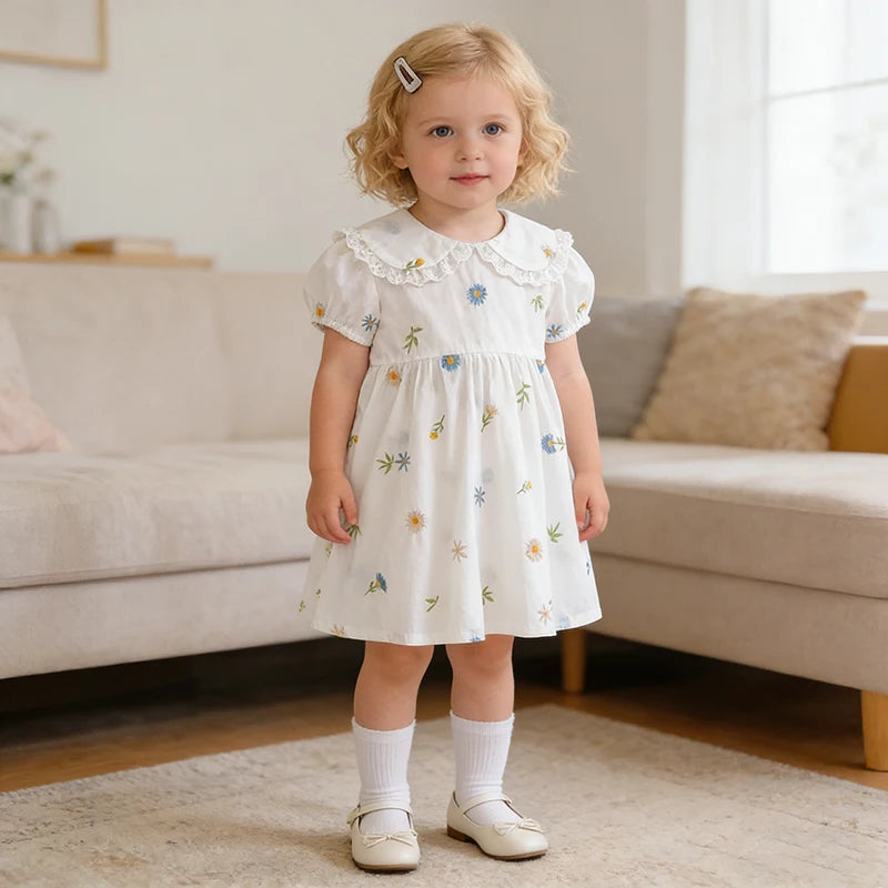 2026 Girls Dress Korean Edition Summer New 2-6Yrs Cotton Embroidered Flower Girls' Dress