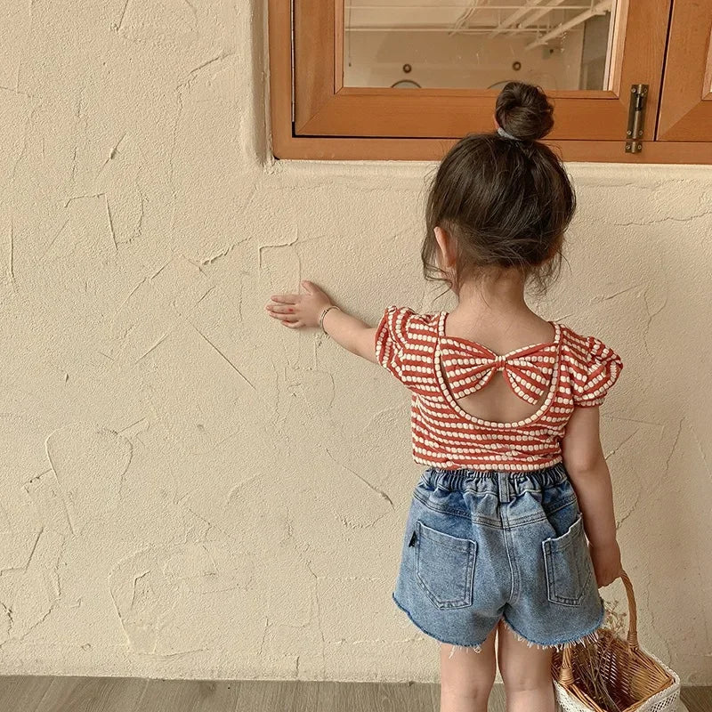 Nahia Summer Girls Children Sleeve Striped Tops Tee Comfortable