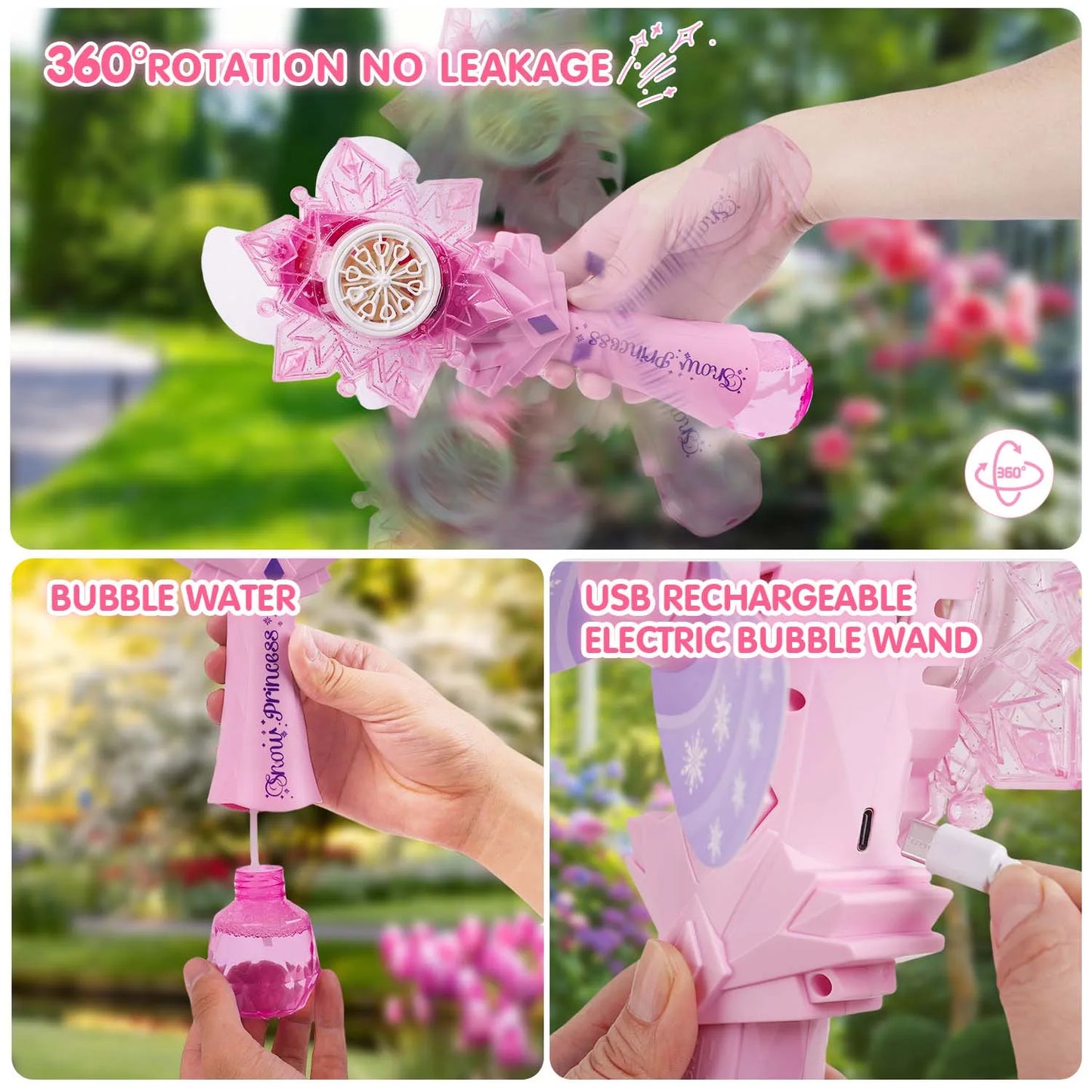 VATOS Recharge Bubble Wand X2 for Kids Girls Boys LED Electric Auto Snowflake Bubble