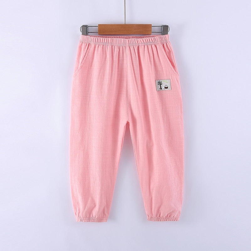 Solid Color Children Trousers Cotton Linen Elastic Waist Kids Clothing