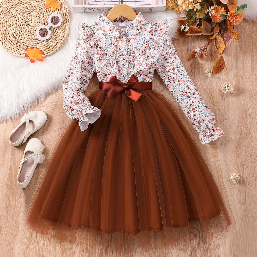 Kids Girls Dress Summer Long Sleeve Floral Gauze