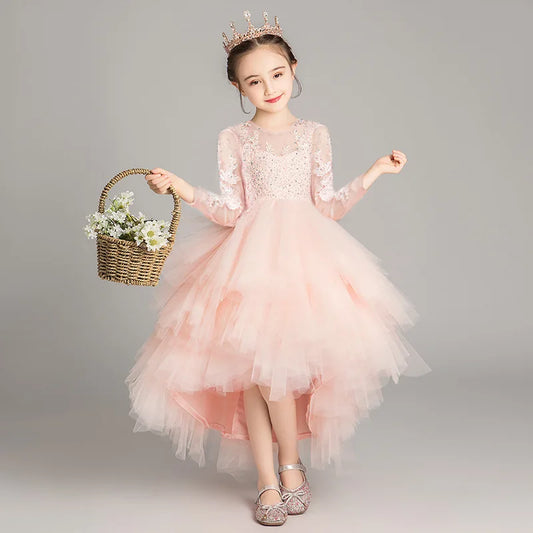 2025 Girls Catwalk Pink Flower Girl Tulle Tutu Wedding Host Dress