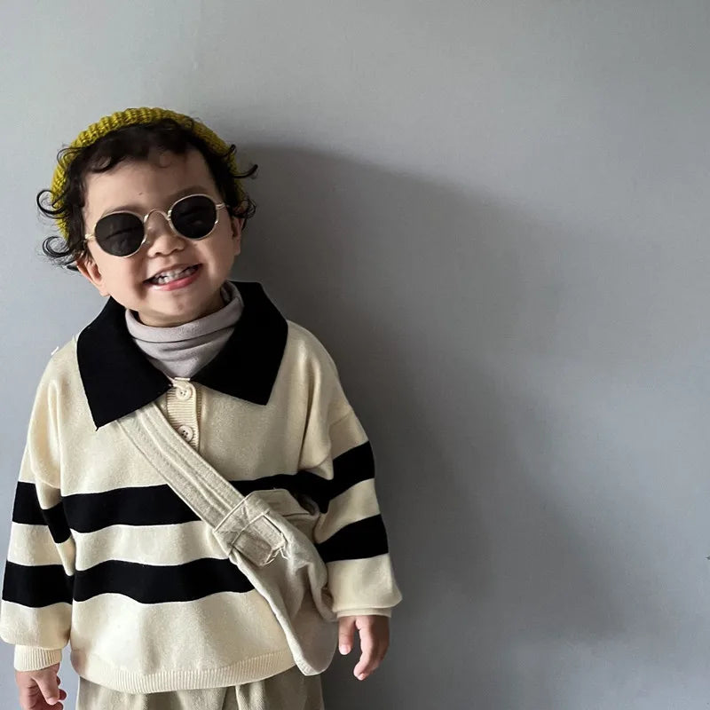 Richard Button Striped Polo Knit Sweater