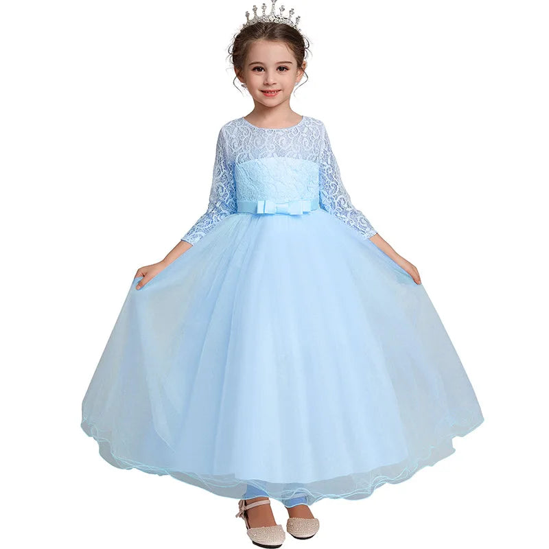 Girl's bow long sleeved princess dress 4-14 years old lace long mesh dress