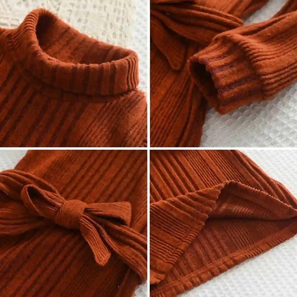 Arden Girls Woolen Dress - High Neck Lace-up Knitted Style