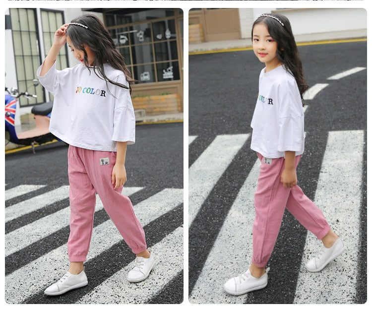 Solid Color Children Trousers Cotton Linen Elastic Waist Kids Clothing