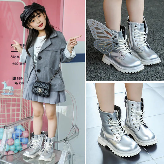 Girls Boots 2025 New Autumn Winter Fashion Butterfly Princess Botas Casual Non-slip Ankle Boots Silver Patent Leather Kids Shoes