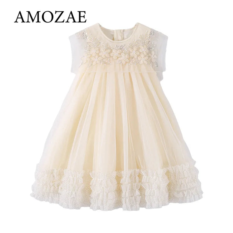Summer Dress for Girls with Flying Sleeves Three-dimensional Flower Mesh