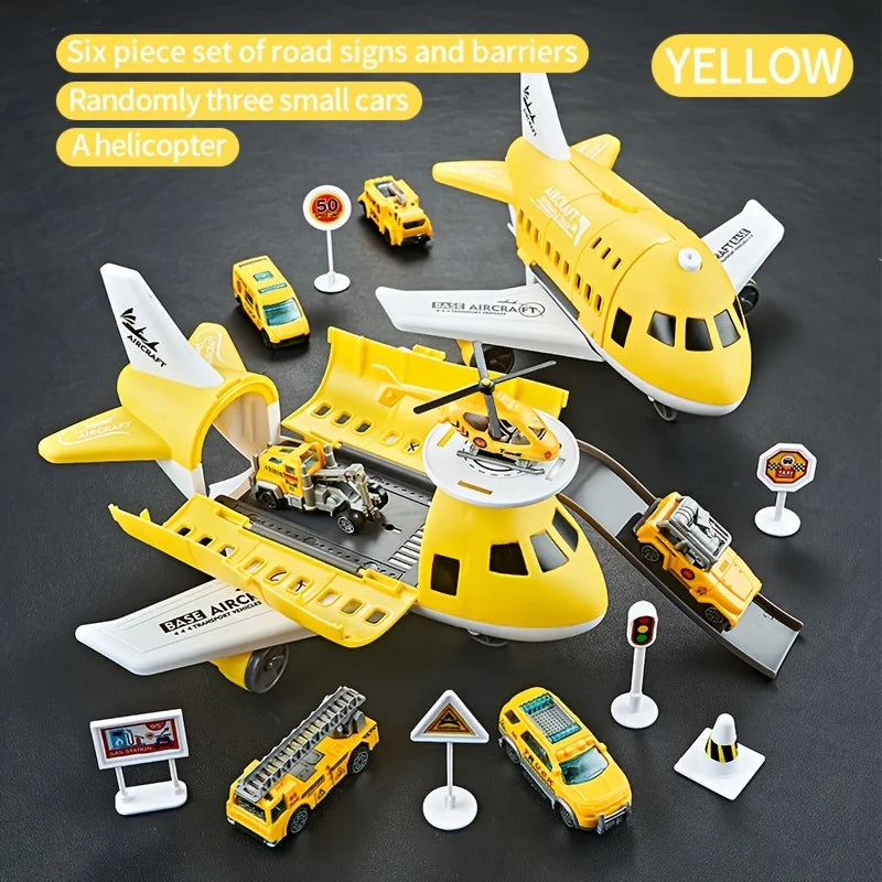 Children's Airplane Car Toy, Model Equipped with 6 Road Signs Random 3 Cars 1 Helicopter