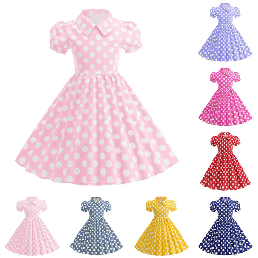 Girls' Dress French Short Sleeve Polka Dot Dress Holiday Children'S Summer Dress