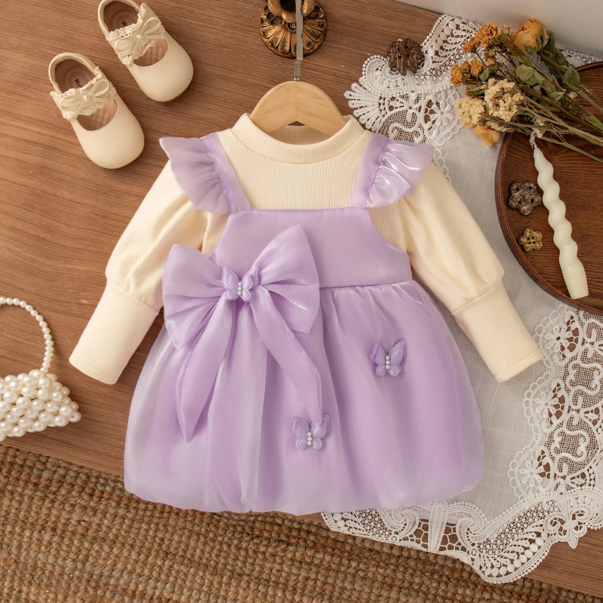 Lia Baby Girl Dress Spring/Fall Bow-Tie Tulle Long-Sleeve Dress