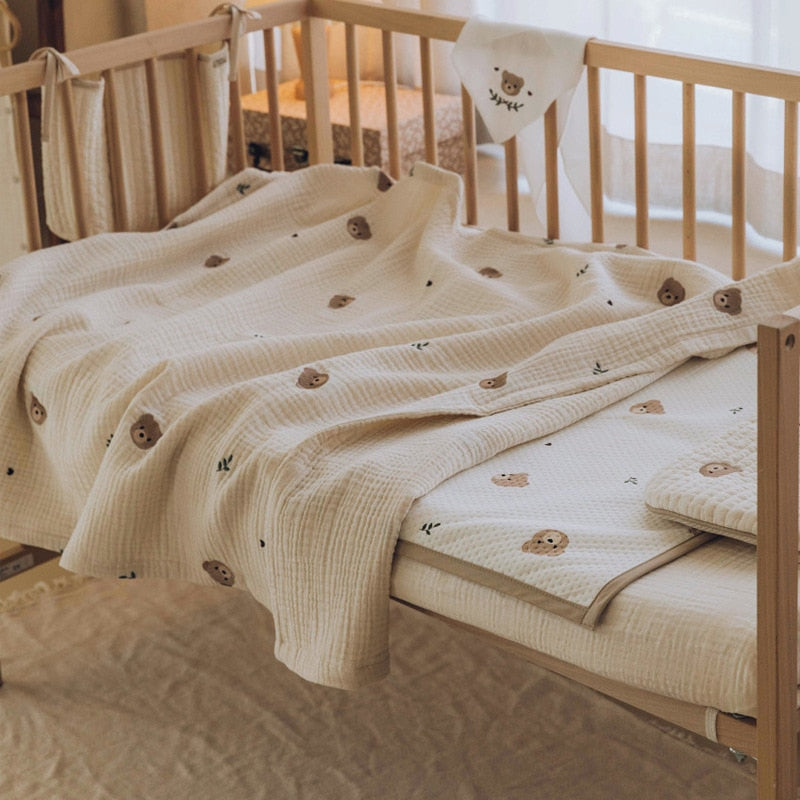 Alvin Bear Embroidered Baby Blanket, Cotton Sleeping Bed
