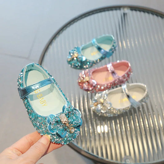 Girls Diamond Princess Shoe2026 Spring Autumn Korean Edition Sweet Bow Soft Single Shoe Fashion Girl Anti Slip Dress Party Shoes