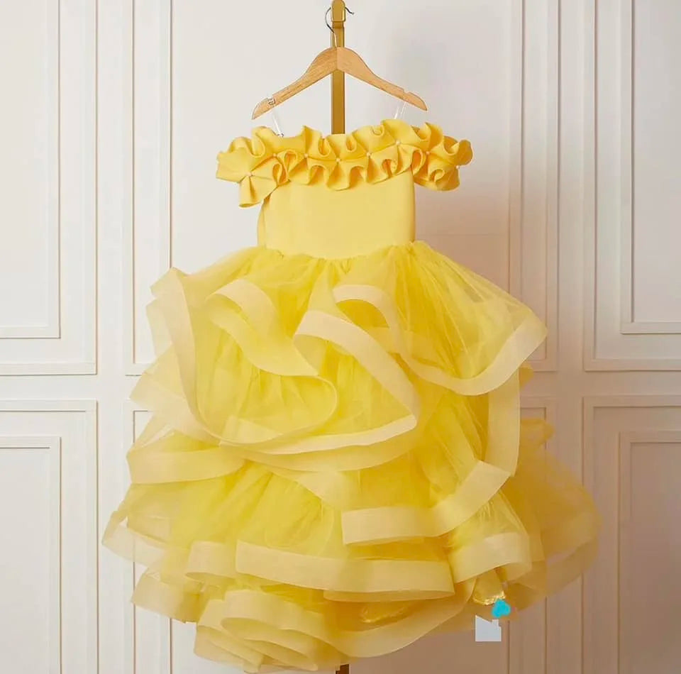 Elegant Yellow Flower Girl Dresses Ruffles Little Baby Girls First Birthday Party Pageant Dress For Wedding
