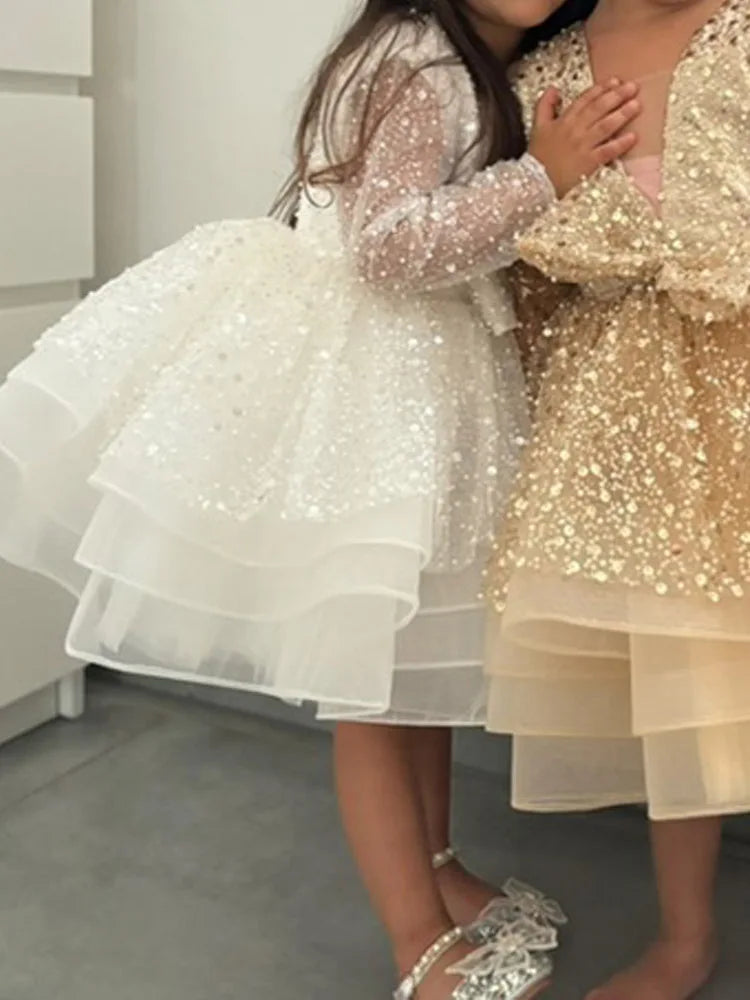 2026 Long slevee Sequins White baptism Dress Girl Pageant Dress