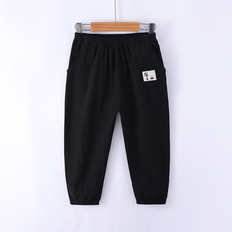 Solid Color Children Trousers Cotton Linen Elastic Waist Kids Clothing