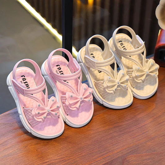 New Summer Bow Pearl Ornament Flat Sandals For Girls Aged 1-7
