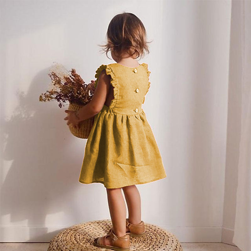 Zaida Solid Cotton Ruffle Sleeve Kids Dresses Sundress