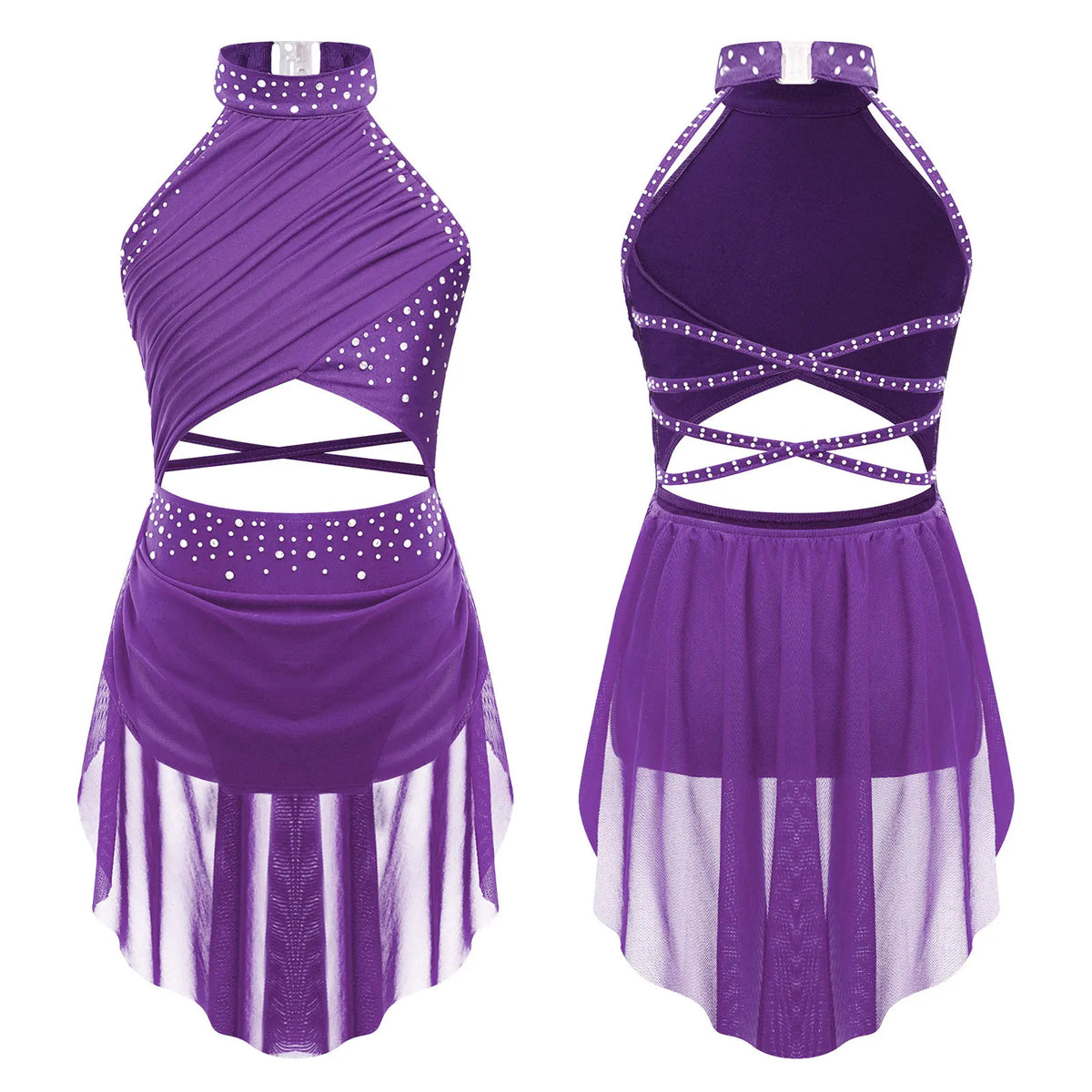 Girls Modern Lyrical Jazz Dance Dress Ballet Gymnastics Skating Performance Costume Kids Cut Out Dancing Leotard Tutu Skirted