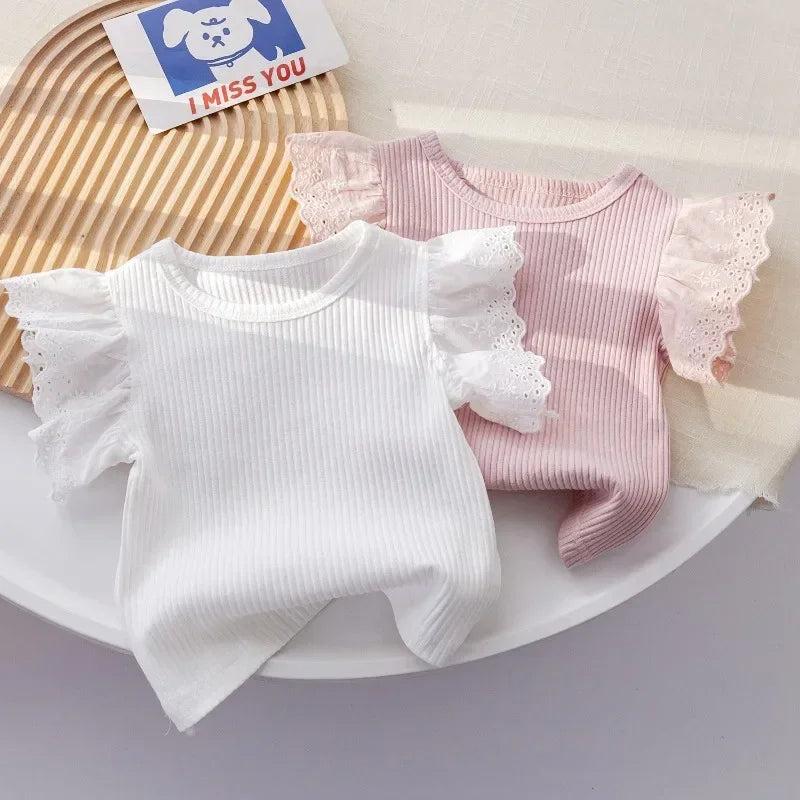 Luna Sweet Flying Sleeve Tops for Kids Lace Children Tees Cotton