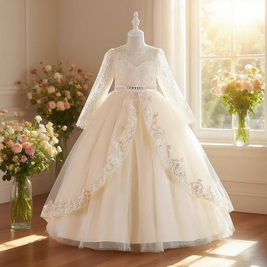 Kids white long sleeve lace elegant girls princess dress