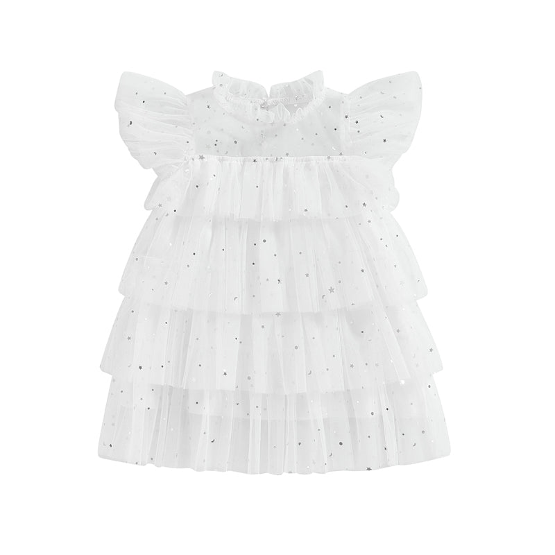 Zoe Toddler Girls Dress with Stars Moon Sequins and Ruffles