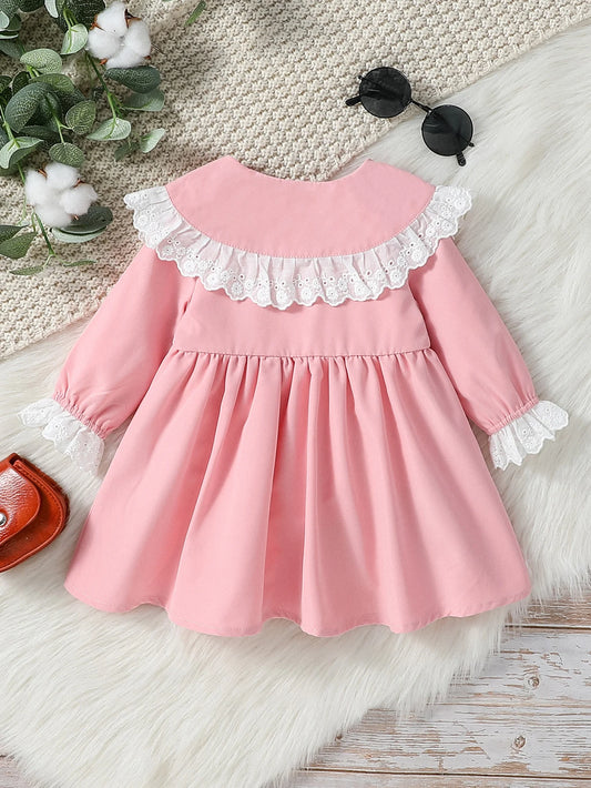 2025 Baby Girls' Dresses Autumn New Style Long Sleeve Doll Collar With Lace Princess Dresses