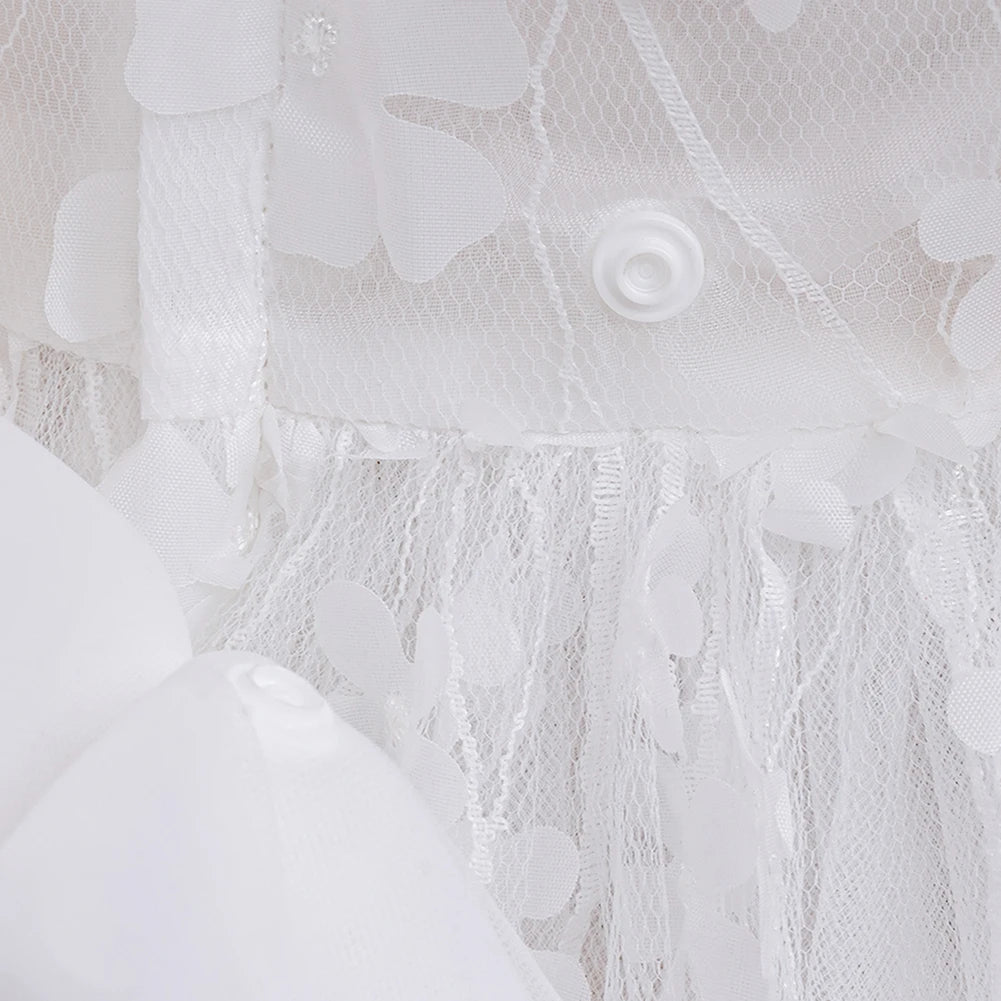 Baby Girls Flowers Tulle White Princess Dress With Headband For Infant Baptism