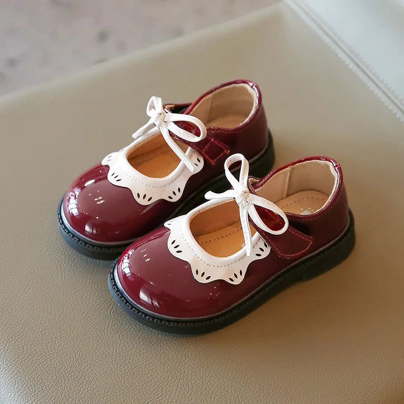 Girl's Princess Shoes Wine Red Black Ruffles Elegant Patent Leather Bowknot Children Flat Shoes 21-35 Toddler Kids Single Shoe