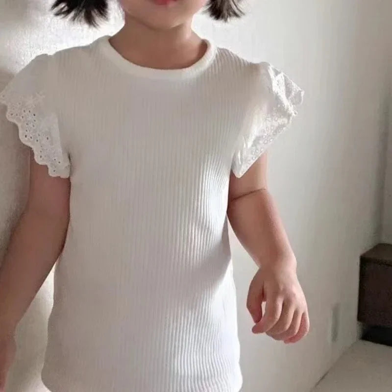 Luna Sweet Flying Sleeve Tops for Kids Lace Children Tees Cotton