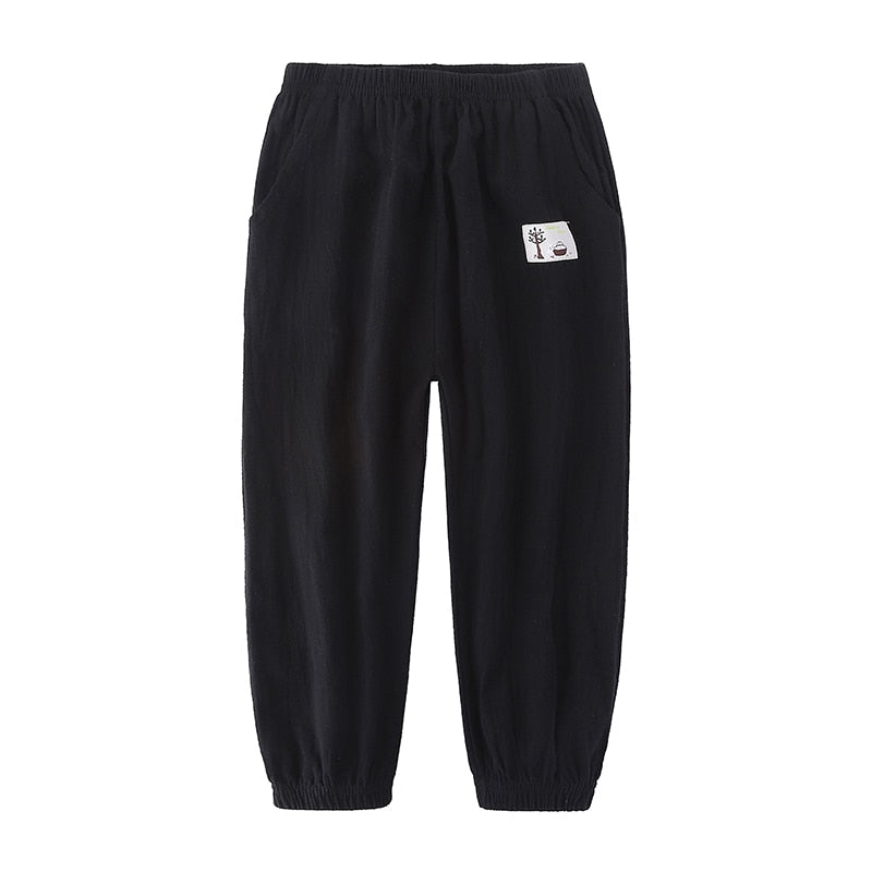Solid Color Children Trousers Cotton Linen Elastic Waist Kids Clothing
